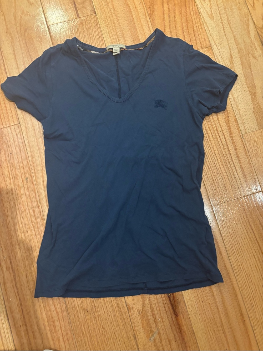 Burberry Navy V-Neck Short Sleeve Logo Tee
